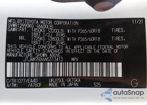 2022 Lexus Gx 460 Premium z USA, uszkodzony, nr VIN JTJAM7BX6N5313413